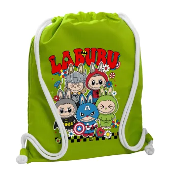 Labubu superheroes, Τσάντα πλάτης πουγκί GYMBAG LIME GREEN, με τσέπη (40x48cm) & χονδρά κορδόνια