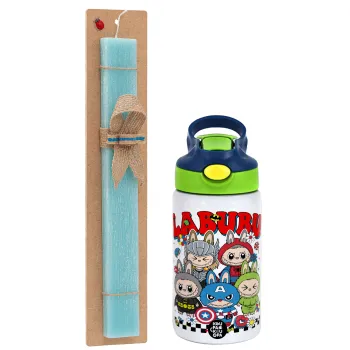 Labubu superheroes, Πασχαλινή Λαμπάδα με Παιδικό παγούρι θερμό, ανοξείδωτο, με καλαμάκι ασφαλείας, πράσινο/μπλε (350ml) & κερί αρωματικό πλακέ (30cm) (ΤΙΡΚΟΥΑΖ)