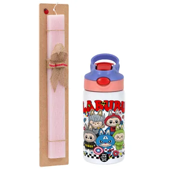 Labubu superheroes, Πασχαλινή Λαμπάδα με Παιδικό παγούρι θερμό, ανοξείδωτο, με καλαμάκι ασφαλείας, ροζ/μωβ (350ml) & κερί αρωματικό πλακέ (30cm) (ΡΟΖ)