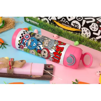 Labubu superheroes, Easter candle, Childrens hot water bottle, stainless steel, with safety straw, PINK (500ml)