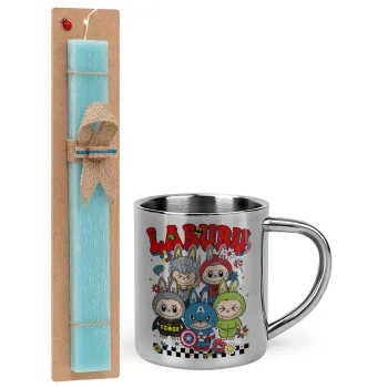 Labubu superheroes, Easter Set, metallic thermal cup (300ml) & aromatic flat Easter candle (30cm) (TURQUOISE)