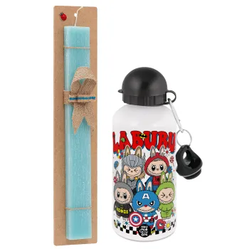Labubu superheroes, Easter Set, metallic aluminum water bottle (500ml) & scented flat candle (30cm) (TURQUOISE)