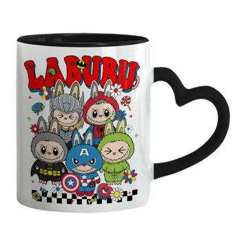 Labubu superheroes, Κούπα καρδιά χερούλι μαύρη, κεραμική, 330ml