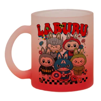 Labubu superheroes, Κούπα γυάλινη δίχρωμη με βάση το κόκκινο ματ, 330ml