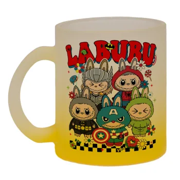 Labubu superheroes, Κούπα γυάλινη δίχρωμη με βάση το κίτρινο ματ, 330ml