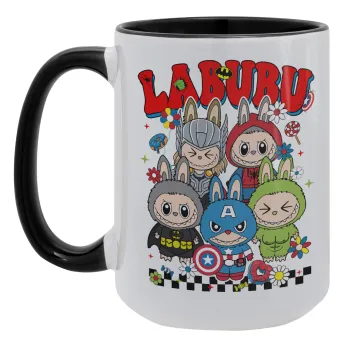 Labubu superheroes, Κούπα Mega 15oz, κεραμική Μαύρη, 450ml