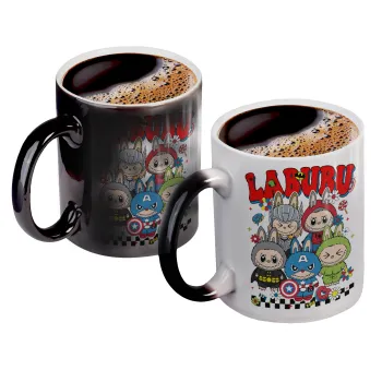 Labubu superheroes, Color changing magic Mug, ceramic, 330ml when adding hot liquid inside, the black colour desappears (1 pcs)