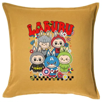 Labubu superheroes, Μαξιλάρι καναπέ Κίτρινο 100% βαμβάκι, περιέχεται το γέμισμα (50x50cm)