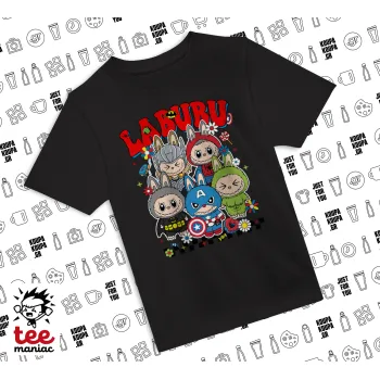 Labubu superheroes, Άνετο παιδικό T-Shirt ΜΑΥΡΟ από 100% βαμβάκι, για κάθε μέρα. Vegan & OEKO-TEX πιστοποιημένο.