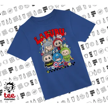 Labubu superheroes, Παιδικό T-Shirt ΜΠΛΕ από 100% βαμβάκι, για κάθε μέρα. Vegan & OEKO-TEX πιστοποιημένο.