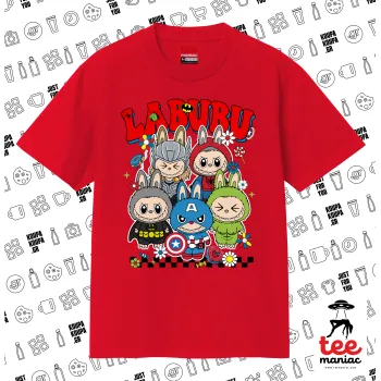Labubu superheroes, Κλασικό T-Shirt, διπλής ραφής, χωρίς πλευρικές ραφές ΚΟΚΚΙΝΟ από 100% βαμβάκι. Vegan & OEKO-TEX πιστοποιημένο.