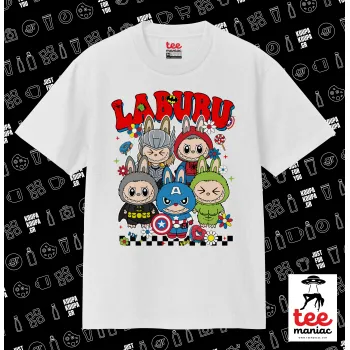Labubu superheroes, Κλασικό T-Shirt, διπλής ραφής, χωρίς πλευρικές ραφές ΛΕΥΚΟ από 100% βαμβάκι. Vegan & OEKO-TEX πιστοποιημένο.