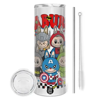 Labubu superheroes, Tumbler ποτήρι θερμό από ανοξείδωτο ατσάλι 600ml, με μεταλλικό καλαμάκι & βούρτσα καθαρισμού