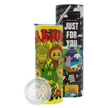 Labubu superheroes, Neon Yellow Travel Tumbler θερμό, μεταλλικό καλαμάκι(Ανωξείδωτο 304 Food grade, BPA free, 600ml)