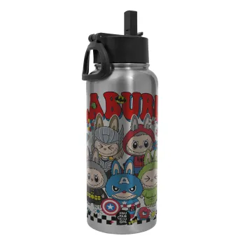 Labubu superheroes, Metal mug thermo Silver with Straw and Spout Lid (Stainless steel), double wall, 950ml