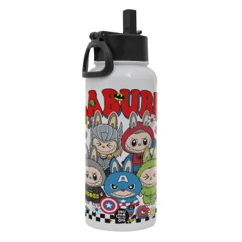 Labubu superheroes, Μεταλλικό παγούρι θερμός Λευκό με καλαμάκι και χερούλι (Stainless steel), διπλού τοιχώματος, 950ml