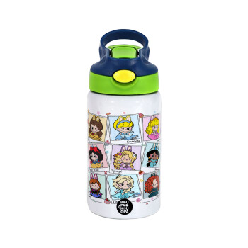 Labubu characters, Children's hot water bottle, stainless steel, with safety straw, green, blue (350ml)