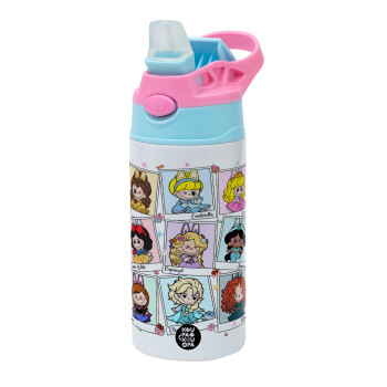 Labubu characters, Παιδικό παγούρι θερμό, ανοξείδωτο, με καλαμάκι ασφαλείας, Ροζ/Σιελ (360ml) BPA FREE