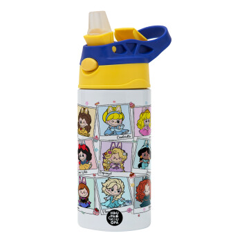 Labubu characters, Children's hot water bottle, stainless steel, with safety straw, green, blue (360ml) BPA FREE