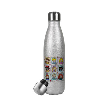 Labubu characters, Metallic Glitter Silver Thermos Flask (Stainless steel), double-walled, 500ml