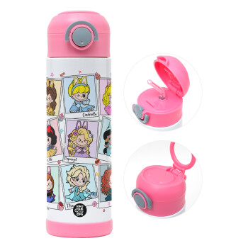 Labubu characters, Παιδικό παγούρι θερμό, ανοξείδωτο, με καλαμάκι ασφαλείας, ΡΟΖ (500ml)