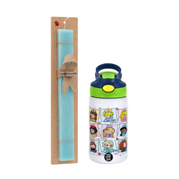 Labubu characters, Easter Set, Children's thermal stainless steel bottle with safety straw, green/blue (350ml) & aromatic flat Easter candle (30cm) (TURQUOISE)