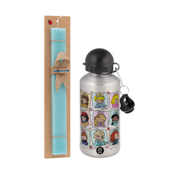 Labubu characters, Πασχαλινή Λαμπάδα με παγούρι μεταλλικό Ασημένιο αλουμινίου (500ml) & κερί αρωματικό πλακέ (30cm) (ΤΙΡΚΟΥΑΖ)