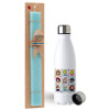Easter Set, metallic stainless steel water bottle (750ml) & aromatic flat Easter candle (30cm) (TURQUOISE)