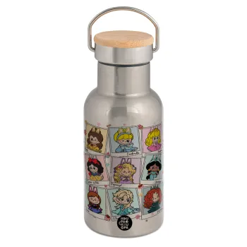 Labubu characters, Μεταλλικό παγούρι θερμός (Stainless steel) Ασημένιο με ξύλινο καπακι (bamboo), διπλού τοιχώματος, 350ml