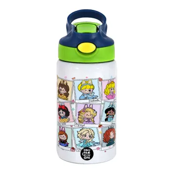 Labubu characters, Children's hot water bottle, stainless steel, with safety straw, green, blue (350ml)