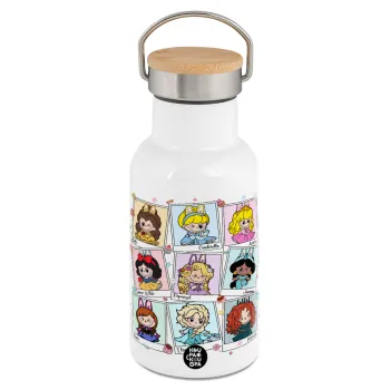 Labubu characters, Μεταλλικό παγούρι θερμός (Stainless steel) Λευκό με ξύλινο καπακι (bamboo), διπλού τοιχώματος, 350ml