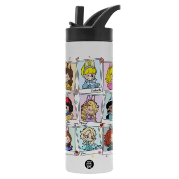 Labubu characters, Metallic thermos bottle with straw & handle, stainless steel (Stainless steel 304), double-walled, 600ml.