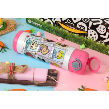 Labubu characters, Easter candle, Childrens hot water bottle, stainless steel, with safety straw, PINK (500ml)