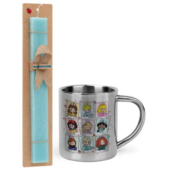 Labubu characters, Easter Set, metallic thermal cup (300ml) & aromatic flat Easter candle (30cm) (TURQUOISE)