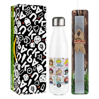 Labubu characters, Easter candle, metallic white thermos bottle (500ml) & aromatic flat candle (30cm) (GRAY)