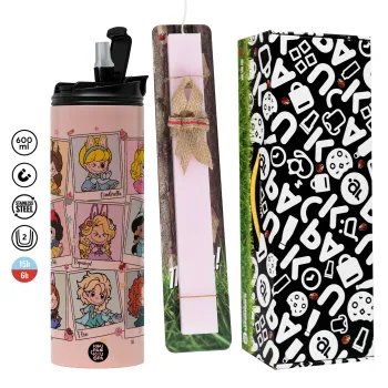 Labubu characters, Easter candle,Travel Tumbler 2 Lids, with metal straw & cleaning brush & aromatic flat candle (30cm) (PINK)