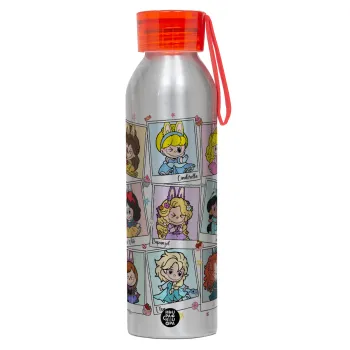 Labubu characters, Αλουμινένιο Αθλητικό Μπουκάλι 650ml – Ασημί με Κόκκινο Καπάκι και Λουράκι Σιλικόνης