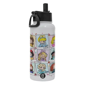 Labubu characters, Μεταλλικό παγούρι θερμός Λευκό με καλαμάκι και χερούλι (Stainless steel), διπλού τοιχώματος, 950ml