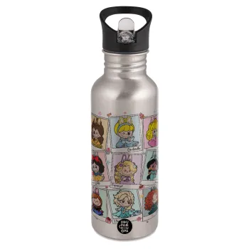 Labubu characters, Παγούρι νερού Ασημένιο με καλαμάκι, ανοξείδωτο ατσάλι 600ml