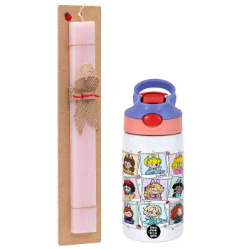 Labubu characters, Πασχαλινή Λαμπάδα με Παιδικό παγούρι θερμό, ανοξείδωτο, με καλαμάκι ασφαλείας, ροζ/μωβ (350ml) & κερί αρωματικό πλακέ (30cm) (ΡΟΖ)