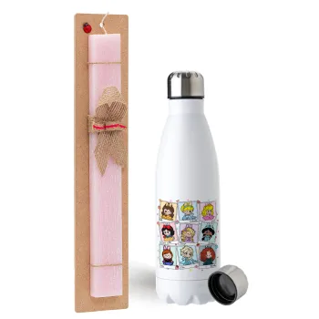 Labubu characters, Easter Set, metallic stainless steel water bottle (750ml) & scented flat Easter candle (30cm) (PINK)