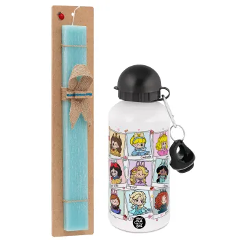Labubu characters, Easter Set, metallic aluminum water bottle (500ml) & scented flat candle (30cm) (TURQUOISE)