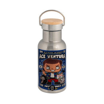 Ace Ventura: Pet Detective, Μεταλλικό παγούρι θερμός (Stainless steel) Ασημένιο με ξύλινο καπακι (bamboo), διπλού τοιχώματος, 350ml