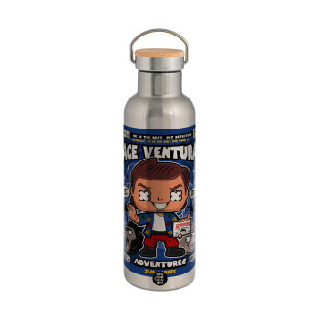 Ace Ventura: Pet Detective, Μεταλλικό παγούρι θερμός (Stainless steel) Ασημένιο με ξύλινο καπακι (bamboo), διπλού τοιχώματος, 750ml