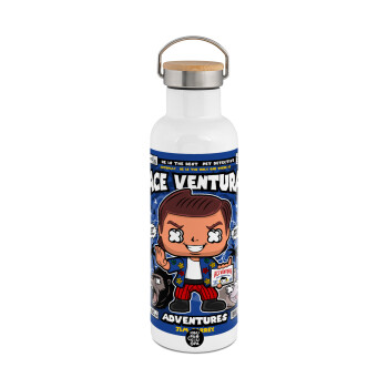 Ace Ventura: Pet Detective, Μεταλλικό παγούρι θερμός (Stainless steel) Λευκό με ξύλινο καπάκι (bamboo), διπλού τοιχώματος, 750ml