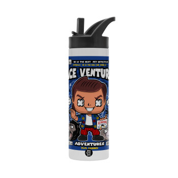 Ace Ventura: Pet Detective, Μεταλλικό παγούρι θερμός με καλαμάκι & χειρολαβή, ανοξείδωτο ατσάλι (Stainless steel 304), διπλού τοιχώματος, 600ml