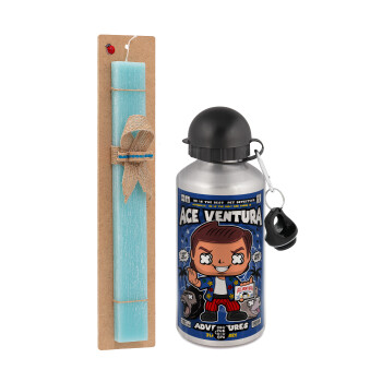 Ace Ventura: Pet Detective, Πασχαλινή Λαμπάδα με παγούρι μεταλλικό Ασημένιο αλουμινίου (500ml) & κερί αρωματικό πλακέ (30cm) (ΤΙΡΚΟΥΑΖ)