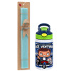 Easter Set, Children's thermal stainless steel bottle with safety straw, green/blue (350ml) & aromatic flat Easter candle (30cm) (TURQUOISE)