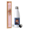 Easter Set, metallic stainless steel water bottle (750ml) & scented flat Easter candle (30cm) (PINK)