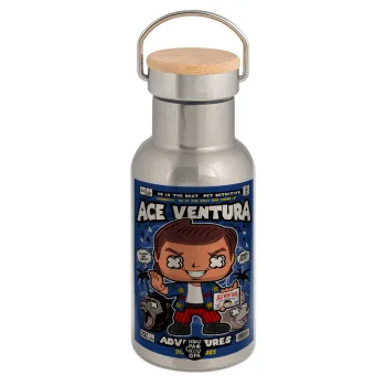 Ace Ventura: Pet Detective, Μεταλλικό παγούρι θερμός (Stainless steel) Ασημένιο με ξύλινο καπακι (bamboo), διπλού τοιχώματος, 350ml